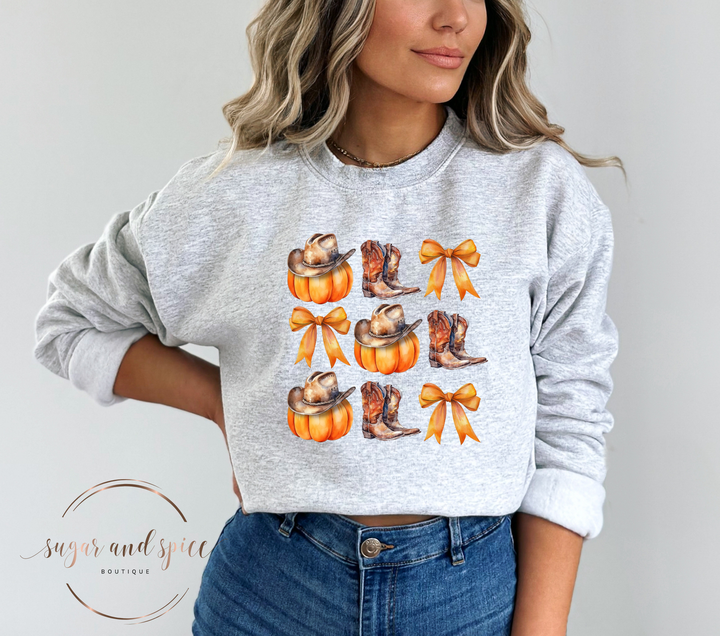 Cowboy Pumpkins and Bows Crewneck Sweatshirt