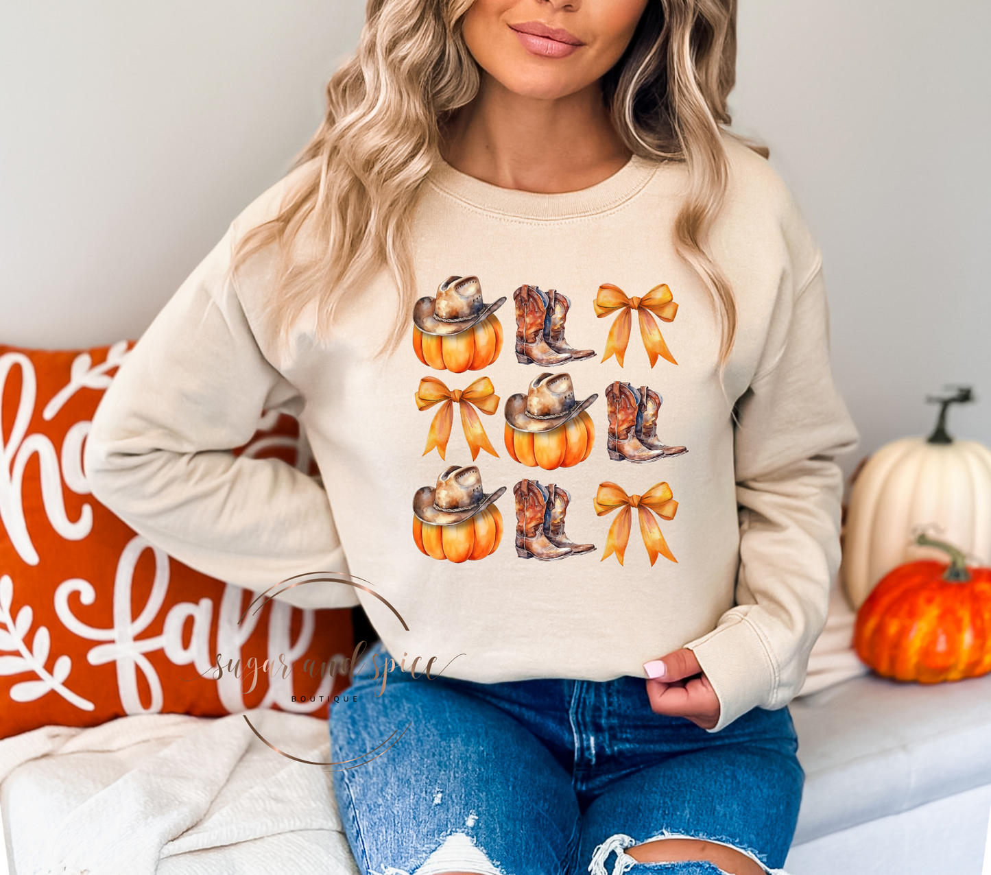 Cowboy Pumpkins and Bows Crewneck Sweatshirt